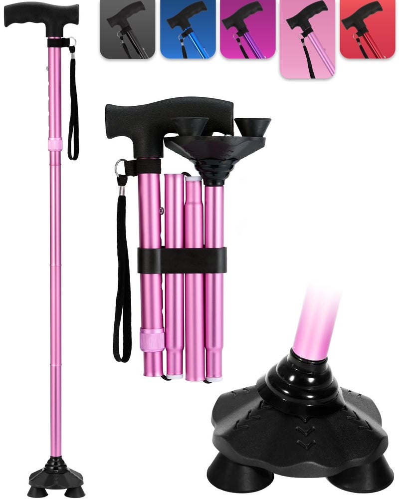 Walking Stick for Women, Folding Adjustable Walking Sticks for 5.2FT-6.1FT Ladies, Free Standing Cane with Pivot Tip, Collapsible Walking Stick for Elderly